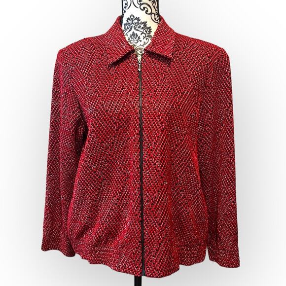 Alfred Dunner Jacket 10 Petite Zip Front Red Black Metallic Geometric Print - Picture 1 of 12